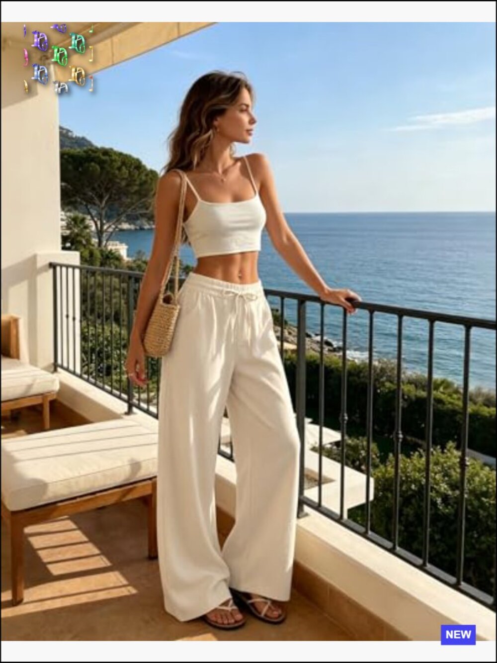 Casual Linen Wide Leg Pants High Waist Palazzo Flowy Drawstring Beach Trousers - Picture 6 of 7